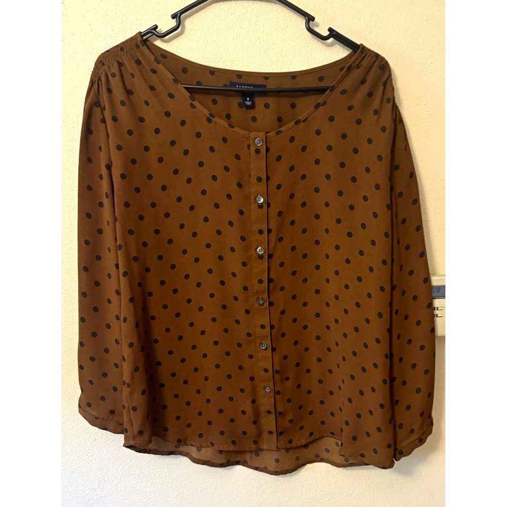 Lands' End Women's Brown Black Polka Dot Chiffon Round Neck Blouse 8